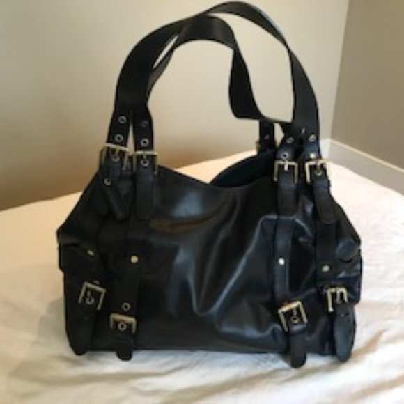 Danier Black Leather Handbag with Trendy Buckles - Picture 1 of 6